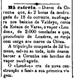 Noticia del hundimiento del Tunstall en el periódio A Nação del 30/08/1885 