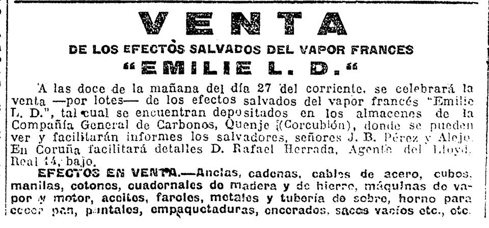 Anuncio de venta de los restos del Emile Louis Dreyfuss en el periódico El Pueblo Gallego, del 16 de mayo de 1931, casi cuatro años después del accidente.