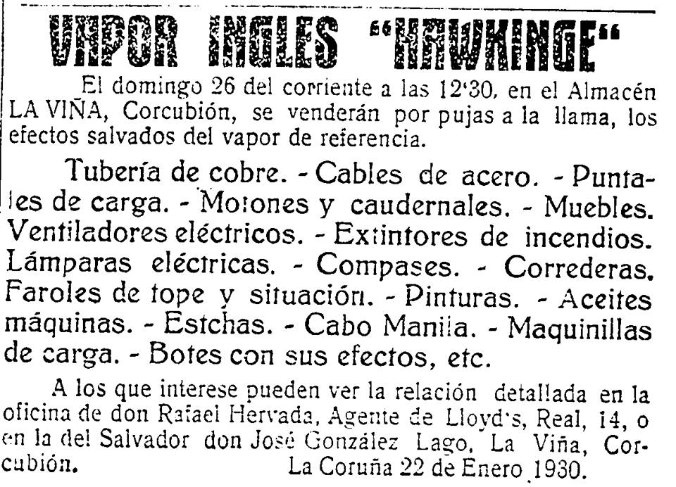 Venta de los restos del Hawkinge en el periódico El Pueblo Gallego, el 20 de enero de 1930.